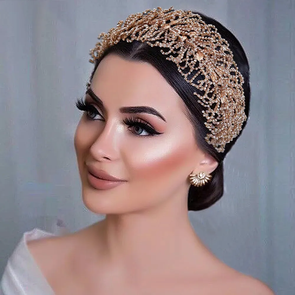 Exquisite Rhinestone Alloy Leaf Wedding Tiara Headband