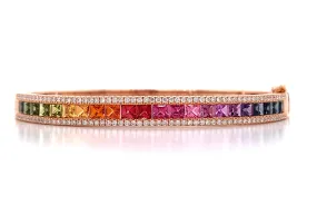 Fancy Color Princess-cut Rainbow Sapphire with Diamonds Bangle Bracelet