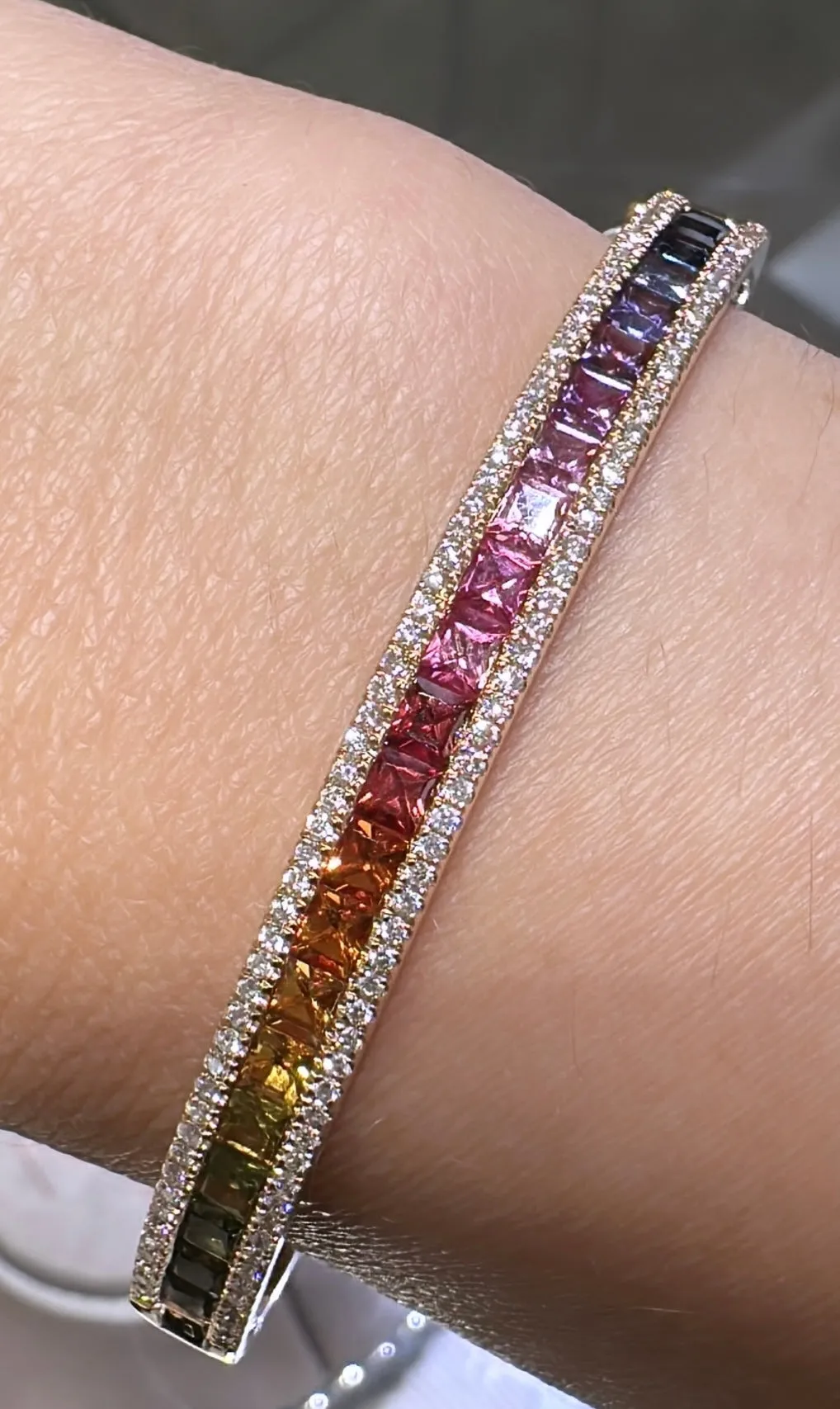 Fancy Color Princess-cut Rainbow Sapphire with Diamonds Bangle Bracelet