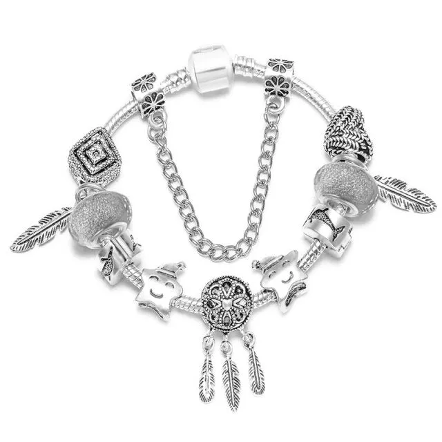 Fashion Bear Palm Dreamcatcher Feather Charm Bracelets For Women Men Original Crystal Flowers LOVE Beaded Bangle Gift