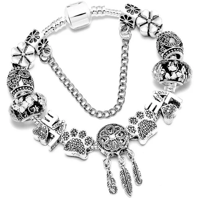 Fashion Bear Palm Dreamcatcher Feather Charm Bracelets For Women Men Original Crystal Flowers LOVE Beaded Bangle Gift
