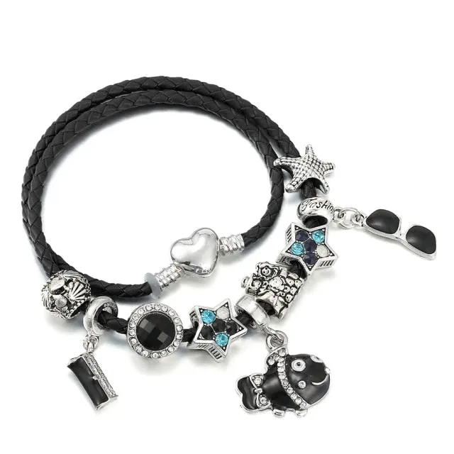 Fashion Bear Palm Dreamcatcher Feather Charm Bracelets For Women Men Original Crystal Flowers LOVE Beaded Bangle Gift