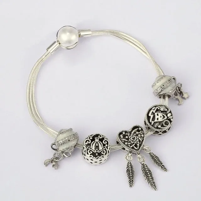 Fashion Bear Palm Dreamcatcher Feather Charm Bracelets For Women Men Original Crystal Flowers LOVE Beaded Bangle Gift