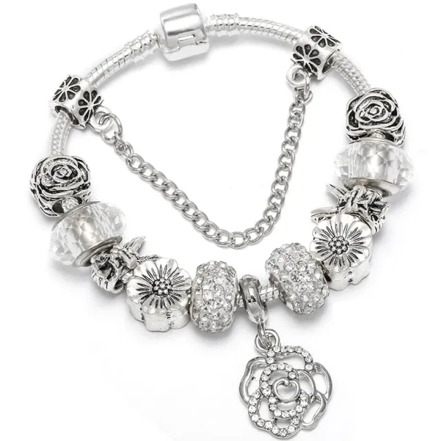 Fashion Bear Palm Dreamcatcher Feather Charm Bracelets For Women Men Original Crystal Flowers LOVE Beaded Bangle Gift