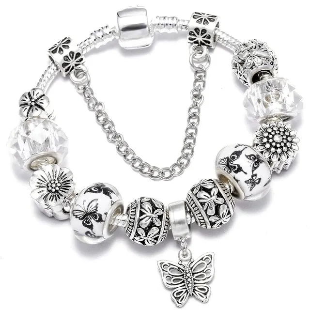 Fashion Bear Palm Dreamcatcher Feather Charm Bracelets For Women Men Original Crystal Flowers LOVE Beaded Bangle Gift