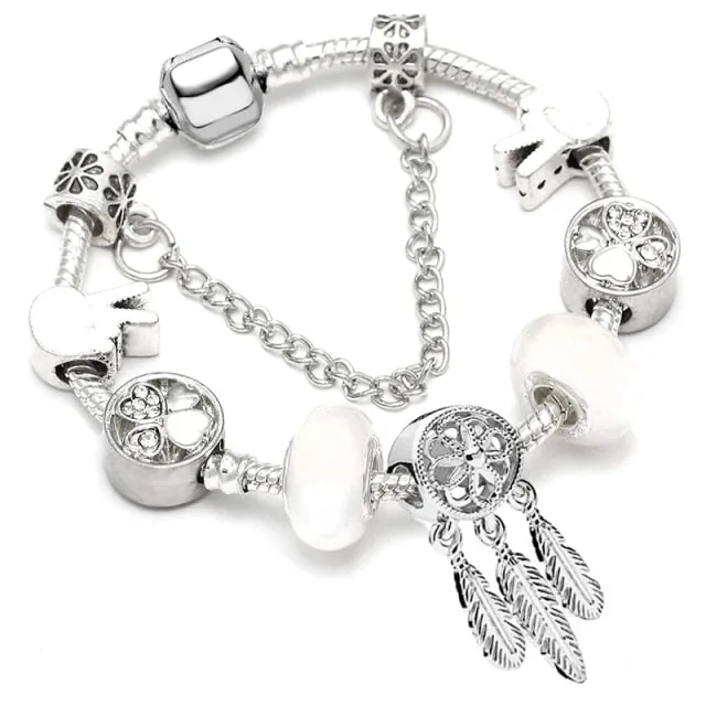 Fashion Bear Palm Dreamcatcher Feather Charm Bracelets For Women Men Original Crystal Flowers LOVE Beaded Bangle Gift