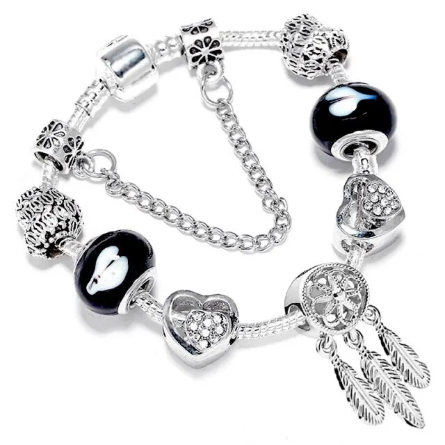 Fashion Bear Palm Dreamcatcher Feather Charm Bracelets For Women Men Original Crystal Flowers LOVE Beaded Bangle Gift