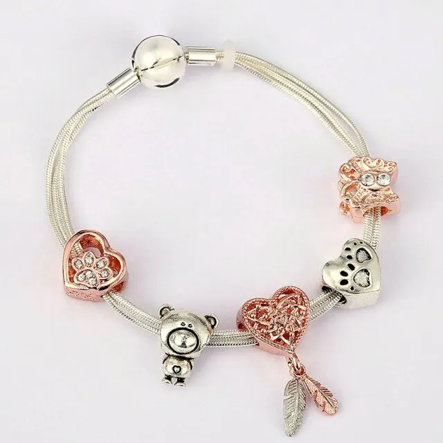 Fashion Bear Palm Dreamcatcher Feather Charm Bracelets For Women Men Original Crystal Flowers LOVE Beaded Bangle Gift