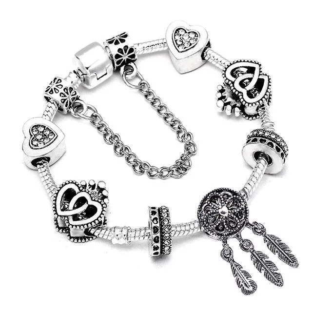 Fashion Bear Palm Dreamcatcher Feather Charm Bracelets For Women Men Original Crystal Flowers LOVE Beaded Bangle Gift