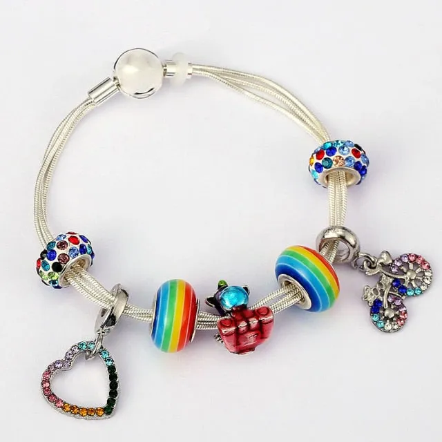 Fashion Bear Palm Dreamcatcher Feather Charm Bracelets For Women Men Original Crystal Flowers LOVE Beaded Bangle Gift