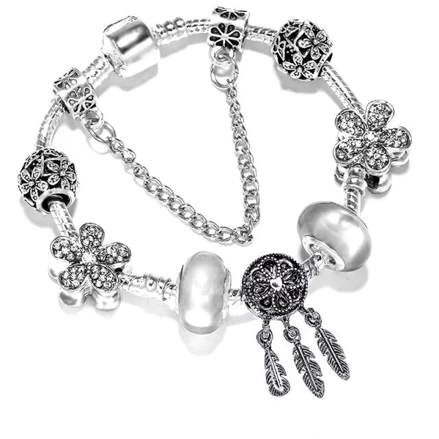 Fashion Bear Palm Dreamcatcher Feather Charm Bracelets For Women Men Original Crystal Flowers LOVE Beaded Bangle Gift