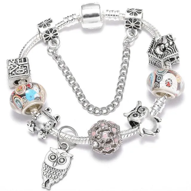 Fashion Bear Palm Dreamcatcher Feather Charm Bracelets For Women Men Original Crystal Flowers LOVE Beaded Bangle Gift