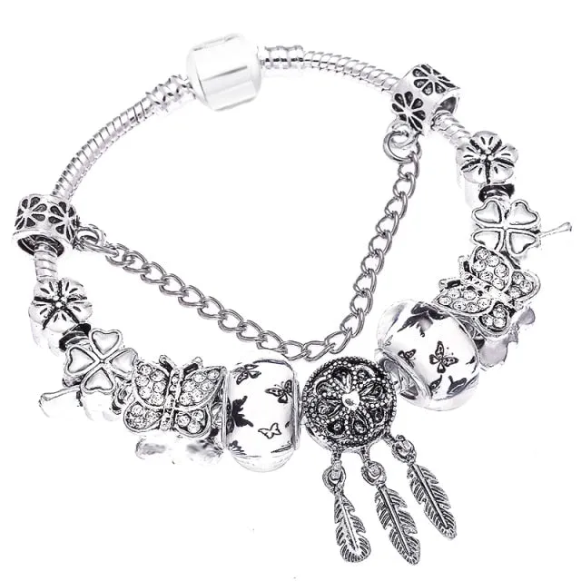 Fashion Bear Palm Dreamcatcher Feather Charm Bracelets For Women Men Original Crystal Flowers LOVE Beaded Bangle Gift
