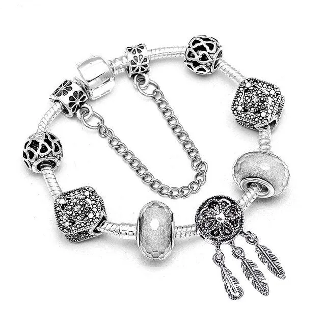 Fashion Bear Palm Dreamcatcher Feather Charm Bracelets For Women Men Original Crystal Flowers LOVE Beaded Bangle Gift