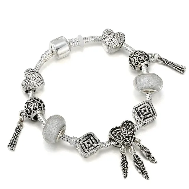 Fashion Bear Palm Dreamcatcher Feather Charm Bracelets For Women Men Original Crystal Flowers LOVE Beaded Bangle Gift