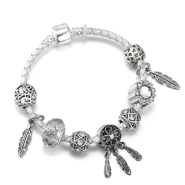 Fashion Bear Palm Dreamcatcher Feather Charm Bracelets For Women Men Original Crystal Flowers LOVE Beaded Bangle Gift