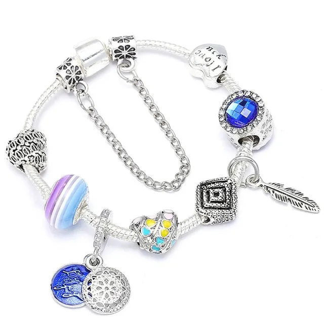 Fashion Bear Palm Dreamcatcher Feather Charm Bracelets For Women Men Original Crystal Flowers LOVE Beaded Bangle Gift