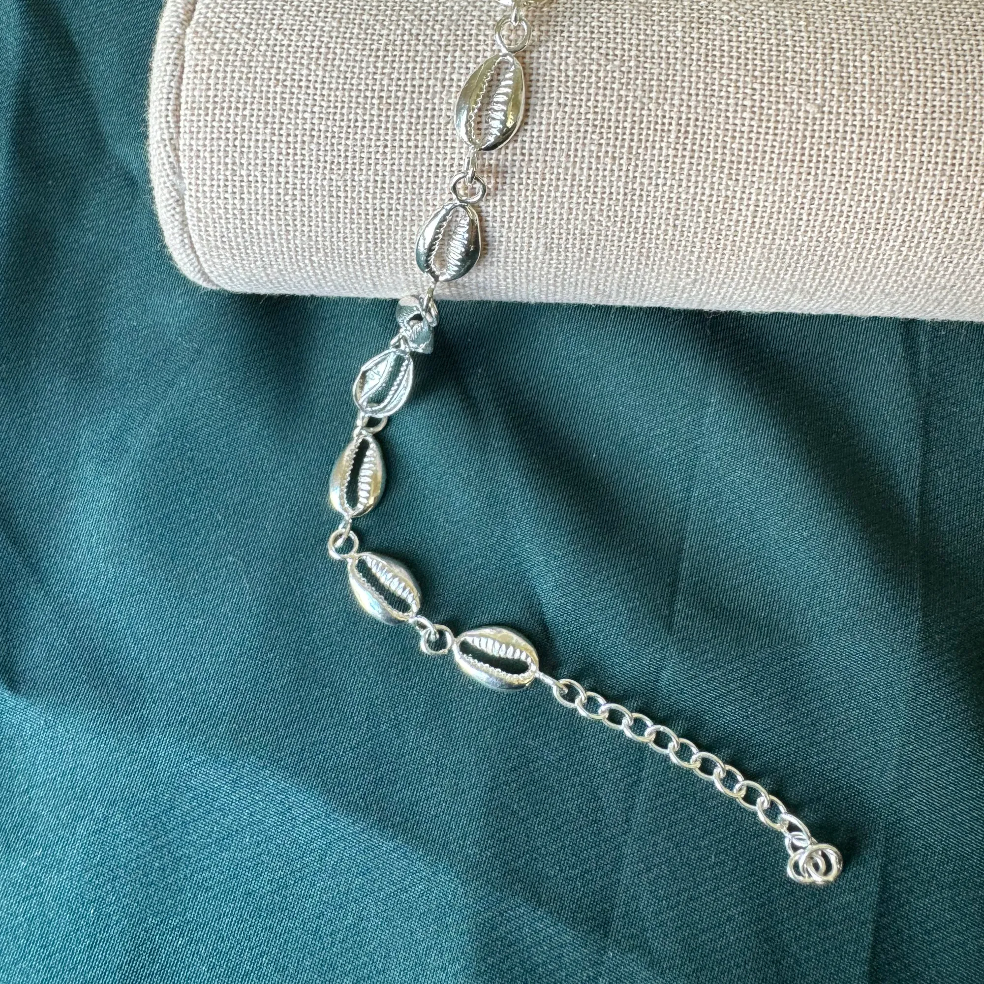 Flat Cowrie Shells .925 Sterling Silver Adjustable Link Bracelet