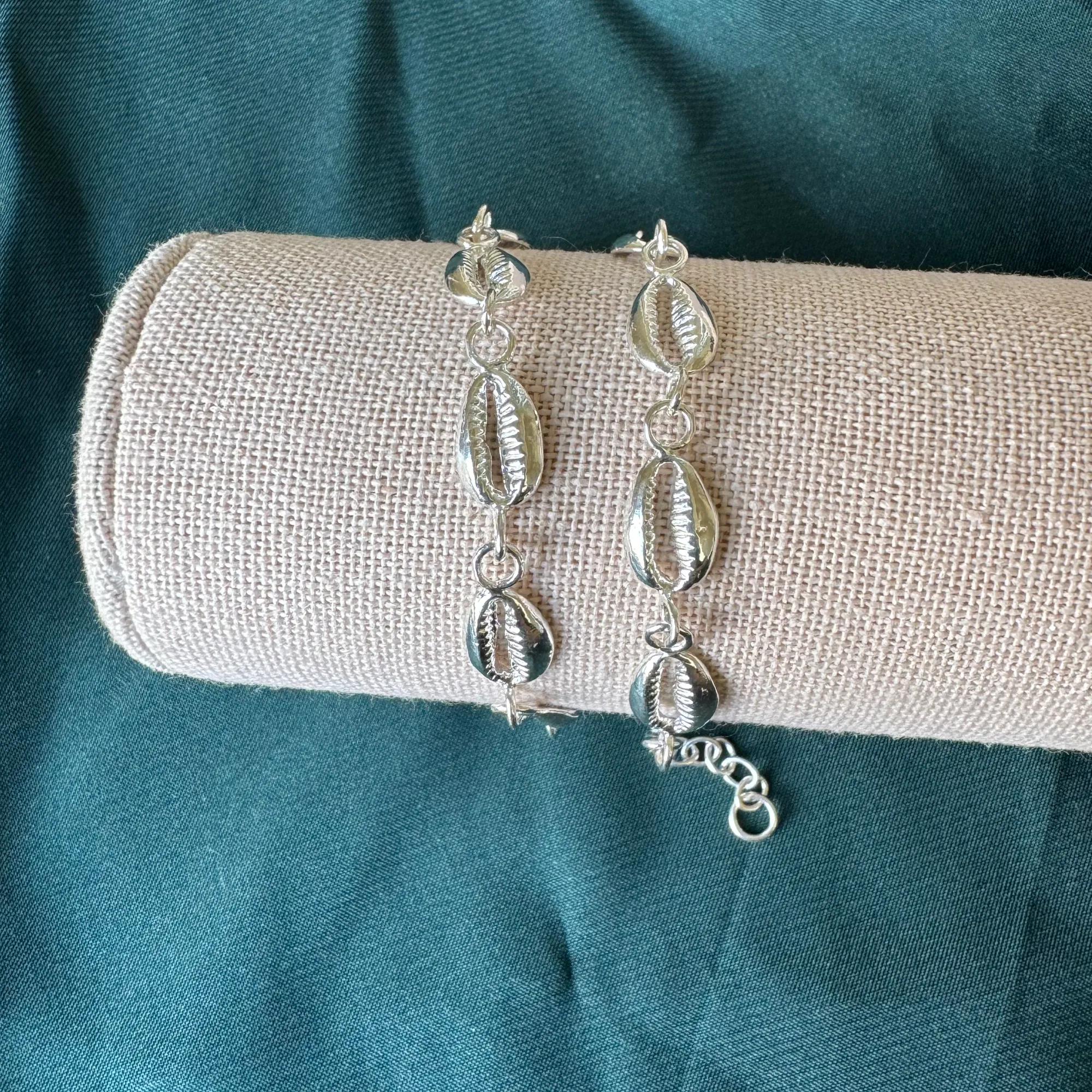 Flat Cowrie Shells .925 Sterling Silver Adjustable Link Bracelet