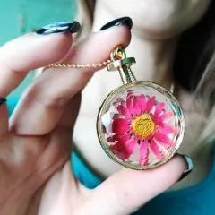 Fresh Pressed dried real Flowers, simple Vintage Long Chain Crystal Round Pendant Necklace jewelry