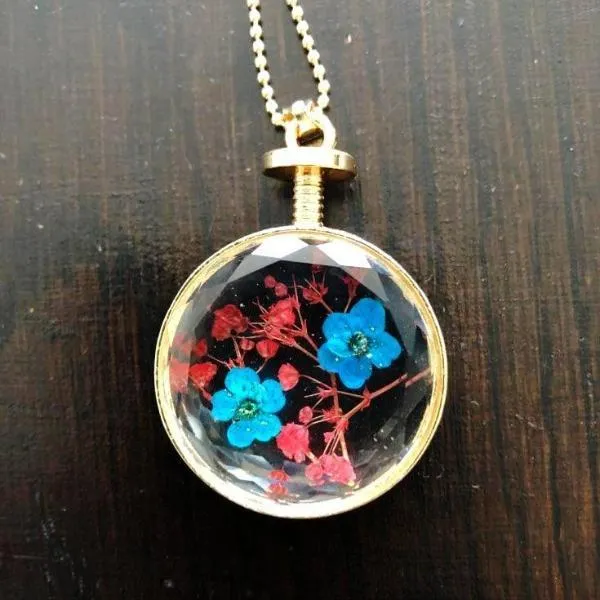 Fresh Pressed dried real Flowers, simple Vintage Long Chain Crystal Round Pendant Necklace jewelry