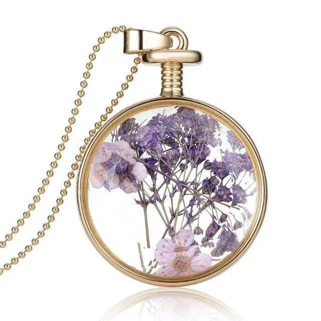 Fresh Pressed dried real Flowers, simple Vintage Long Chain Crystal Round Pendant Necklace jewelry