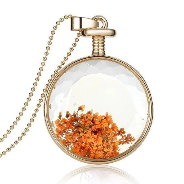 Fresh Pressed dried real Flowers, simple Vintage Long Chain Crystal Round Pendant Necklace jewelry