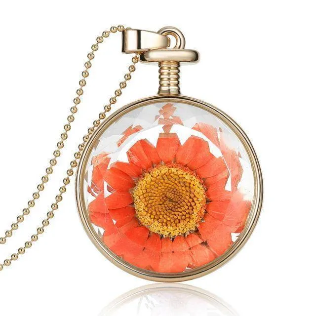 Fresh Pressed dried real Flowers, simple Vintage Long Chain Crystal Round Pendant Necklace jewelry