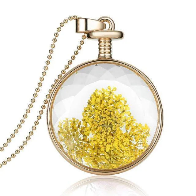 Fresh Pressed dried real Flowers, simple Vintage Long Chain Crystal Round Pendant Necklace jewelry