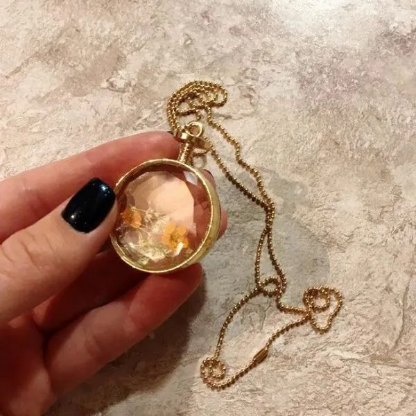 Fresh Pressed dried real Flowers, simple Vintage Long Chain Crystal Round Pendant Necklace jewelry