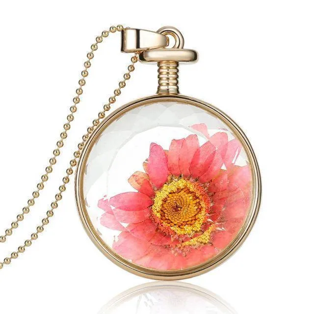 Fresh Pressed dried real Flowers, simple Vintage Long Chain Crystal Round Pendant Necklace jewelry