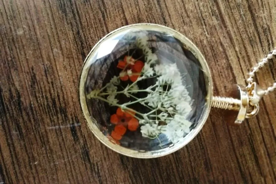 Fresh Pressed dried real Flowers, simple Vintage Long Chain Crystal Round Pendant Necklace jewelry