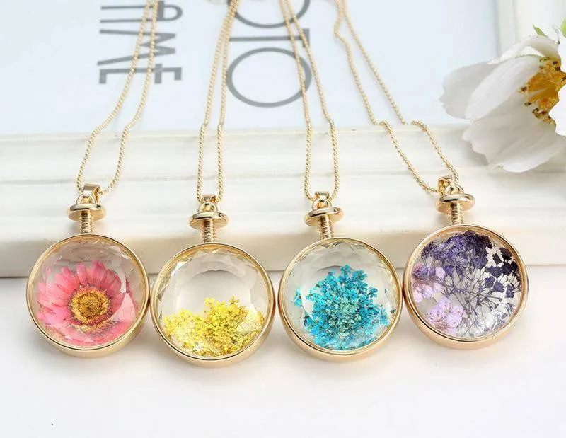 Fresh Pressed dried real Flowers, simple Vintage Long Chain Crystal Round Pendant Necklace jewelry