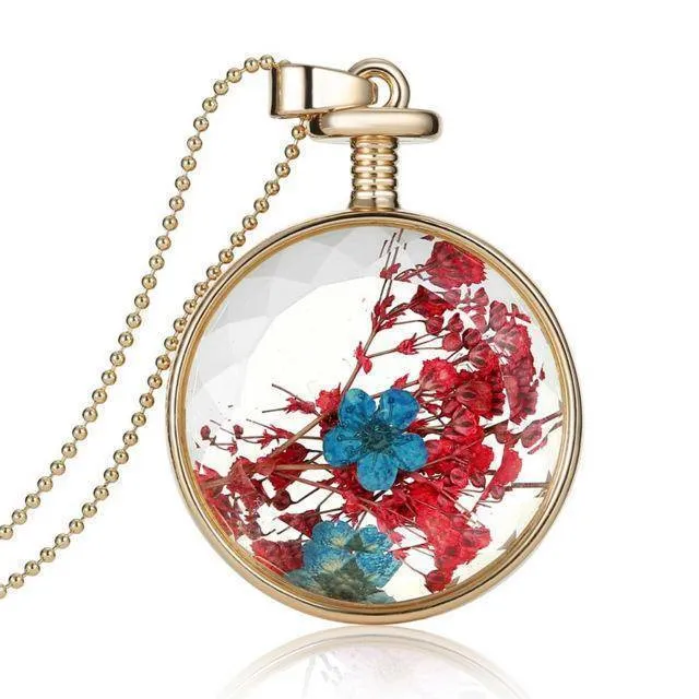 Fresh Pressed dried real Flowers, simple Vintage Long Chain Crystal Round Pendant Necklace jewelry