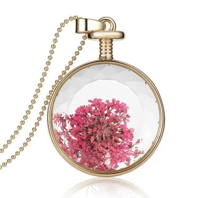 Fresh Pressed dried real Flowers, simple Vintage Long Chain Crystal Round Pendant Necklace jewelry