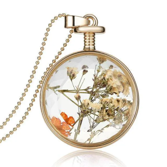 Fresh Pressed dried real Flowers, simple Vintage Long Chain Crystal Round Pendant Necklace jewelry