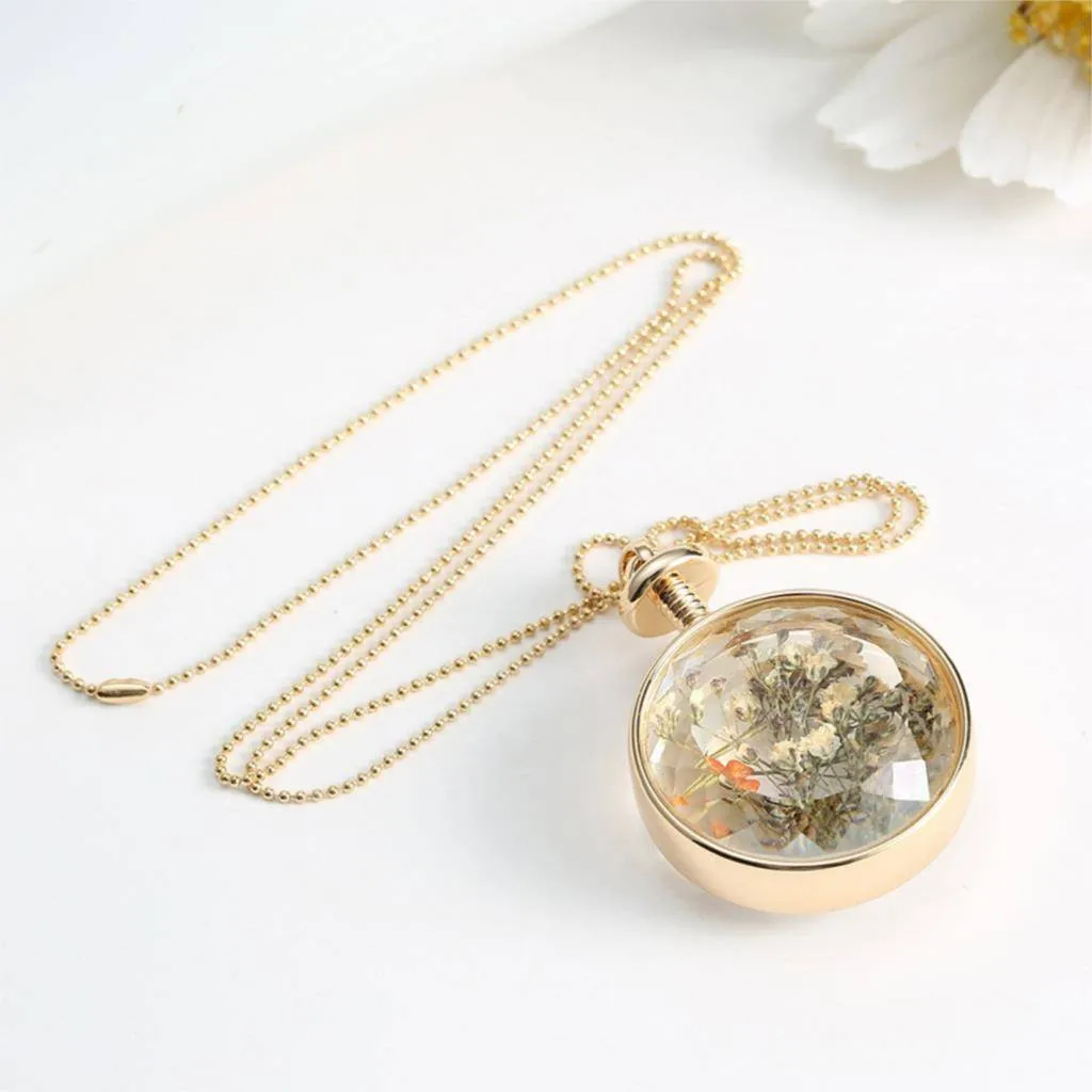 Fresh Pressed dried real Flowers, simple Vintage Long Chain Crystal Round Pendant Necklace jewelry