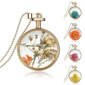 Fresh Pressed dried real Flowers, simple Vintage Long Chain Crystal Round Pendant Necklace jewelry