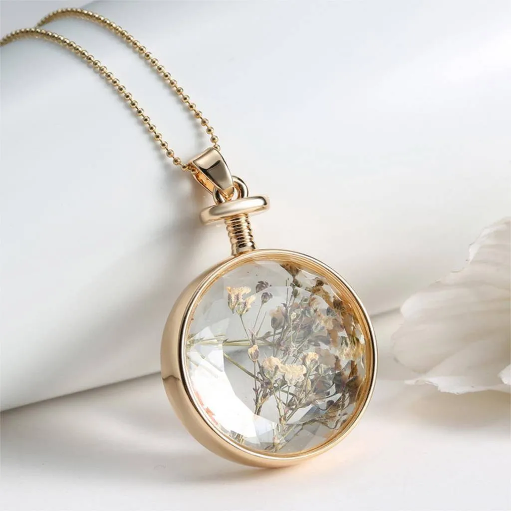 Fresh Pressed dried real Flowers, simple Vintage Long Chain Crystal Round Pendant Necklace jewelry