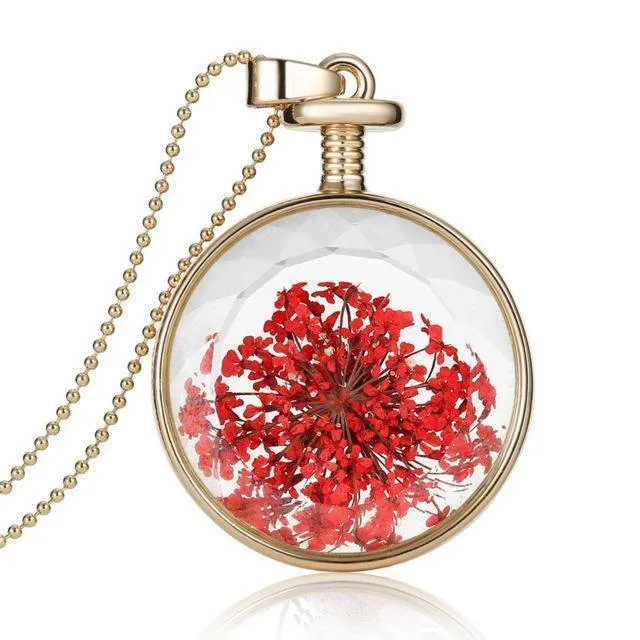 Fresh Pressed dried real Flowers, simple Vintage Long Chain Crystal Round Pendant Necklace jewelry
