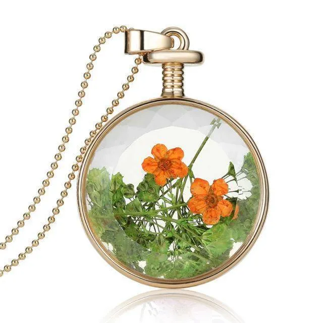Fresh Pressed dried real Flowers, simple Vintage Long Chain Crystal Round Pendant Necklace jewelry