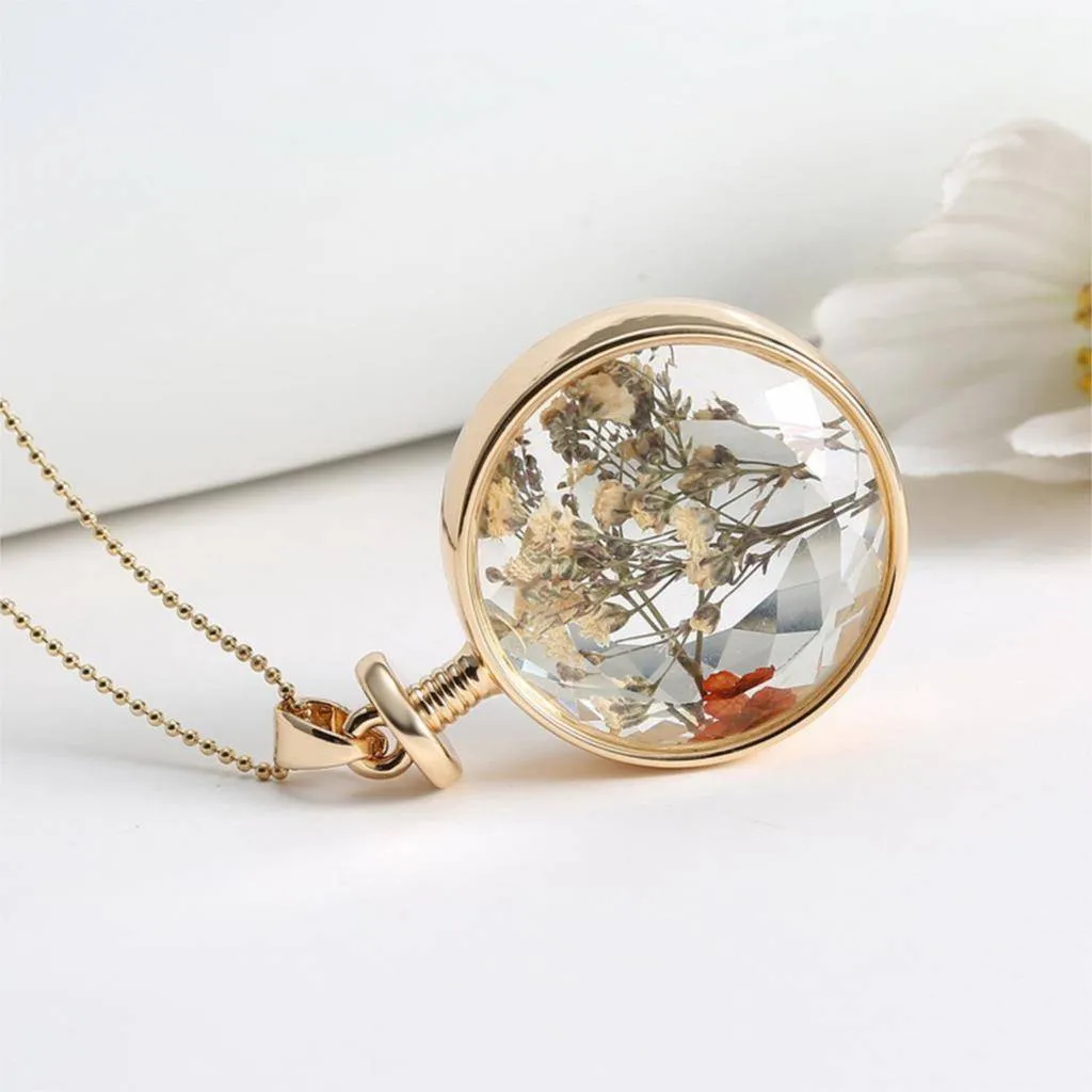 Fresh Pressed dried real Flowers, simple Vintage Long Chain Crystal Round Pendant Necklace jewelry