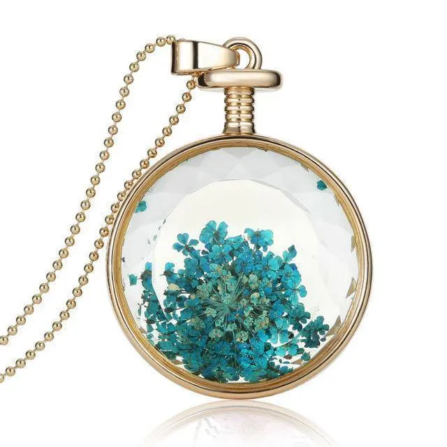 Fresh Pressed dried real Flowers, simple Vintage Long Chain Crystal Round Pendant Necklace jewelry