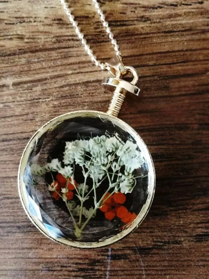 Fresh Pressed dried real Flowers, simple Vintage Long Chain Crystal Round Pendant Necklace jewelry