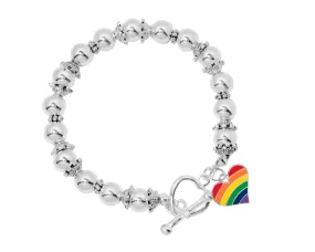 Gay Pride Heart Rainbow Charm Silver Beaded Bracelets