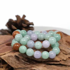Genuine Green & Lavender & Yellow Jadeite Jade Round Beads Bracelet ( 13 mm )