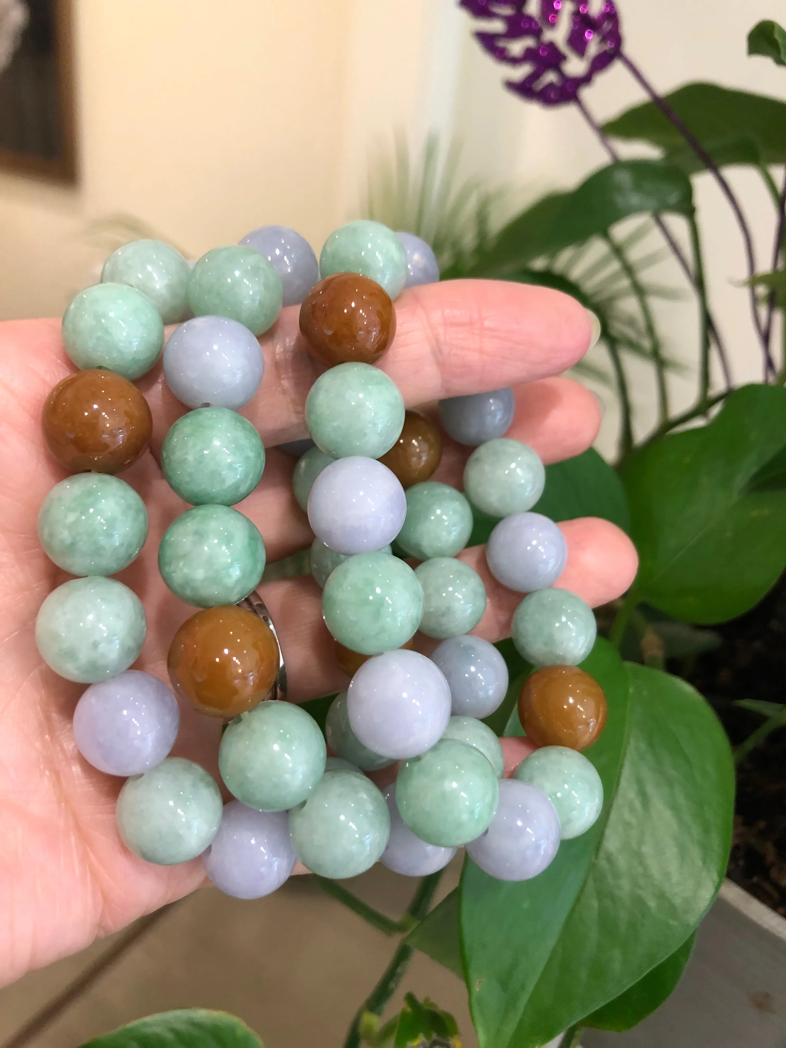 Genuine Green & Lavender & Yellow Jadeite Jade Round Beads Bracelet ( 13 mm )