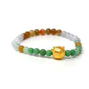 Genuine High-quality Jade Jadeite Colorful Bracelet Bangle with 24k Yellow Gold Cat Charm #413