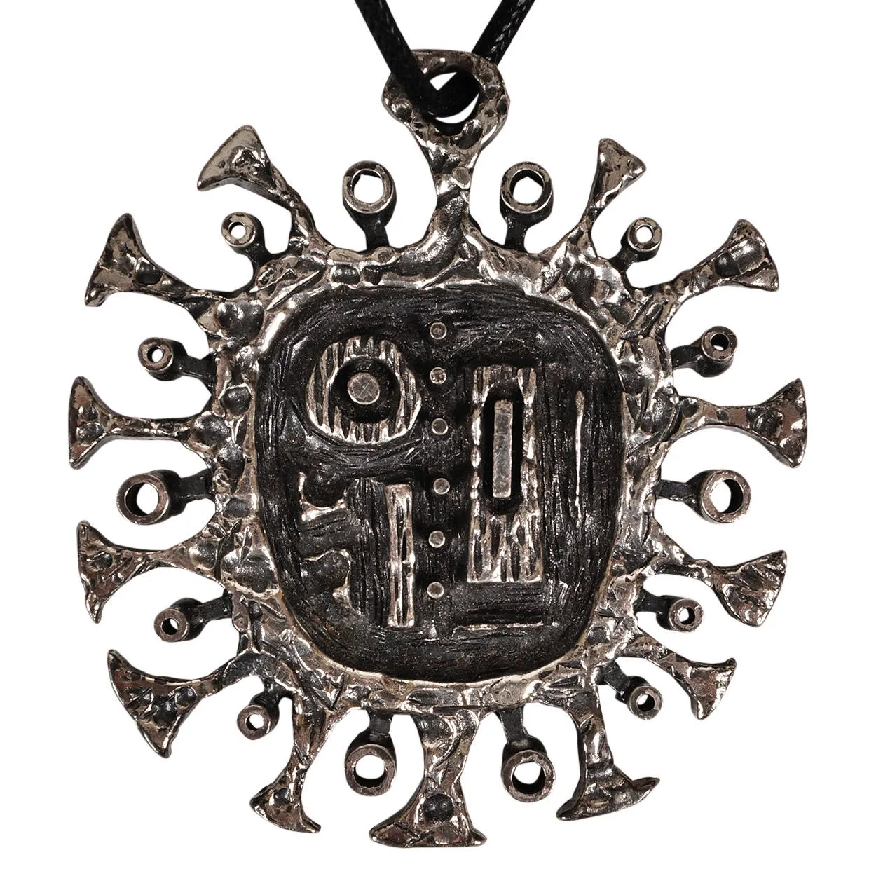 Gilles Guy Vidal Brutalist Sun Pendant Necklace Modernist Abstract Pewter 1960s