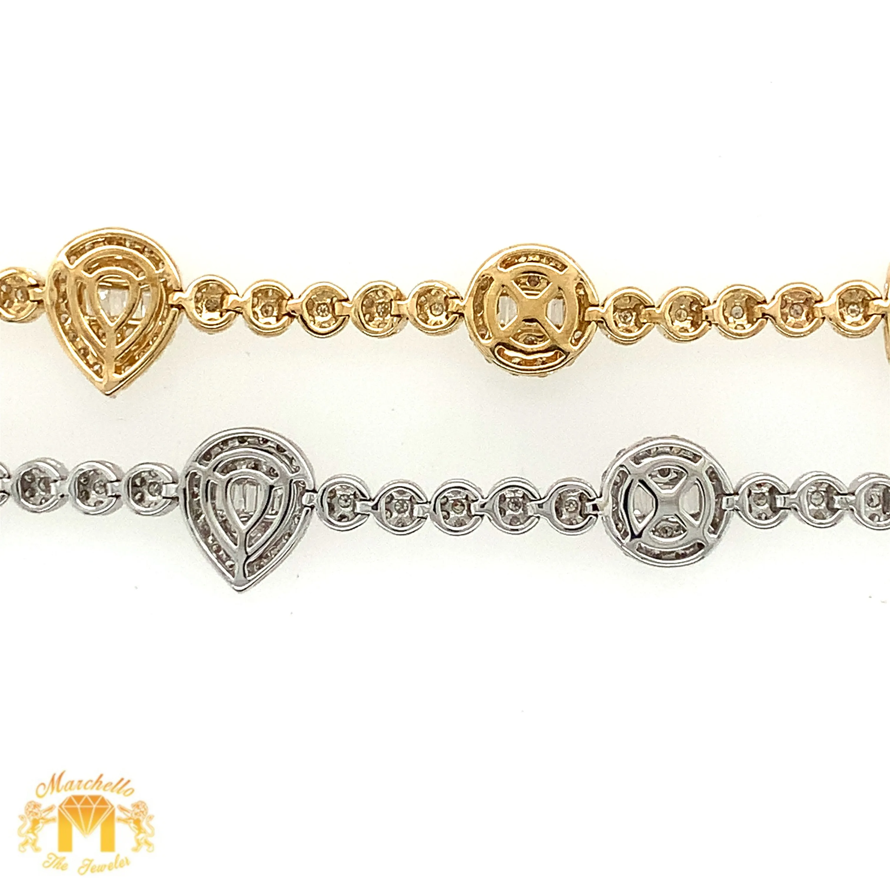 Gold and Diamond 10.4x3.5mm Tennis Bracelet with Squares, Tear Drops and Circles (pick gold color)